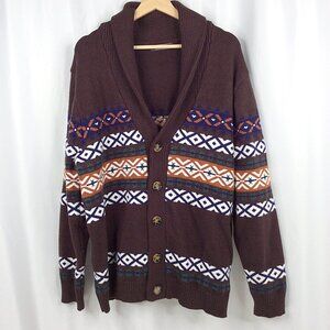 PJ Paul Jones Cardigan Sweater Men's XL Brown Button Down Shawl Collar Aztec